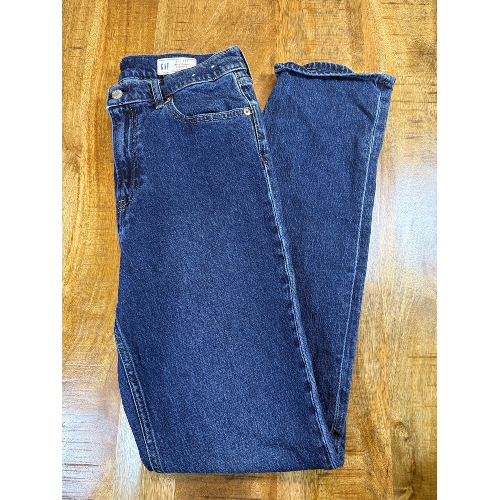 GAP 90s Straight High Rise Jeans Women 31 12 Tall Dark Indigo Stretch 728815